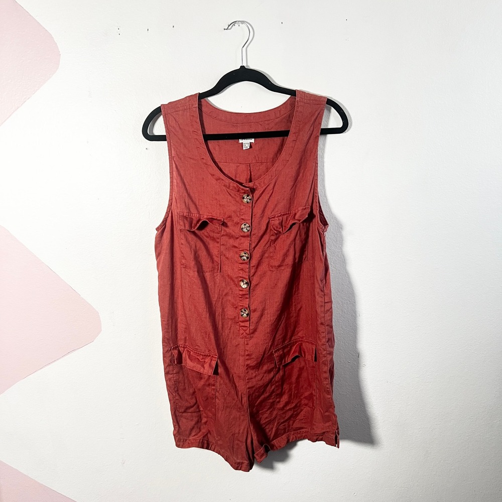 Rhythm 100% Linen Romper Women's XL Rust Button Front Utility Pockets